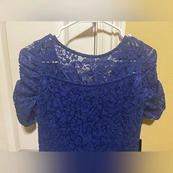Marina Women’s Blue Sequin Lace Cocktail Dress Short Sleeve Sz S - Picture 2 of 13
